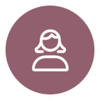 A line icon of a woman in a purple circle.